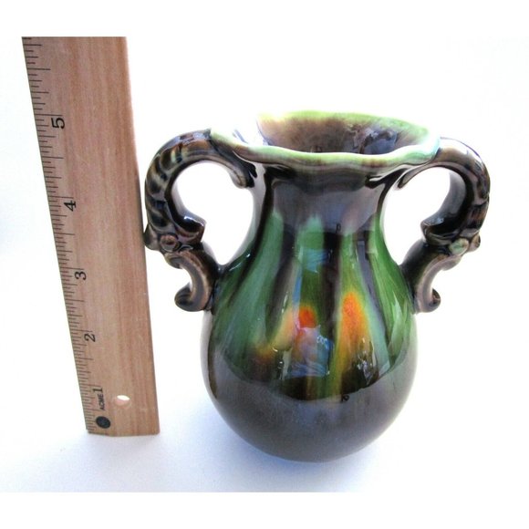 Studio Art Pottery Drip Glaze Vase Brown Green Yellow two handles signed 1110 12 - Picture 8 of 8